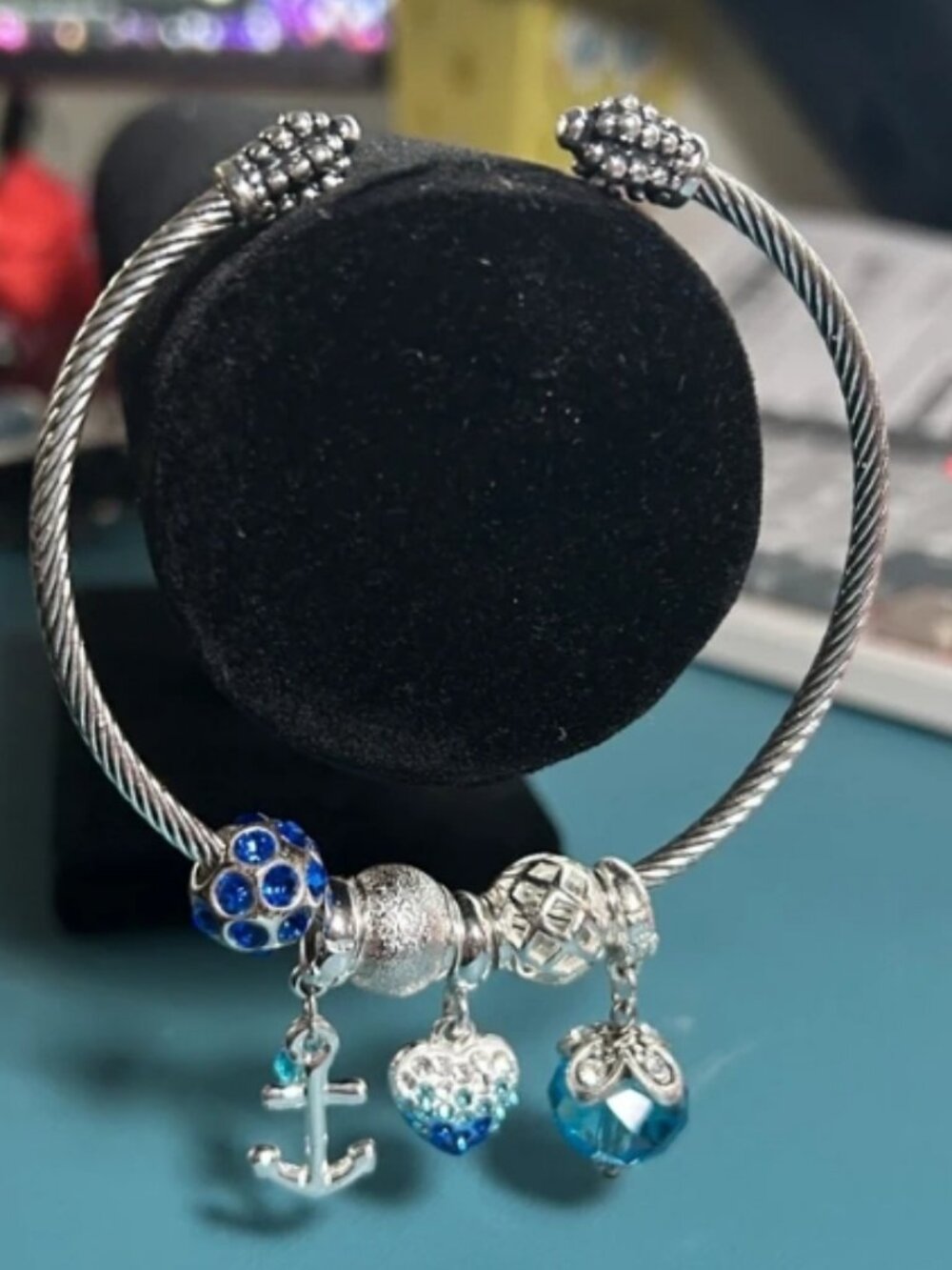 DaVinci Silver Twisted Wire Bangle Blue Crystal Nautical Charm Bracelet